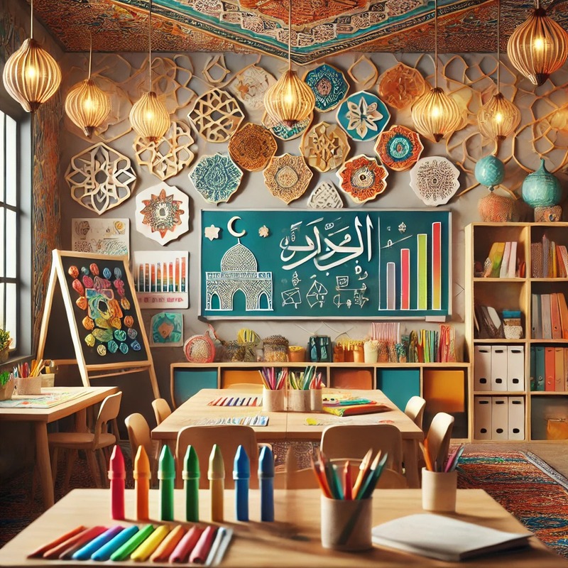 A colorful classroom decorated with Islamic art and patterns